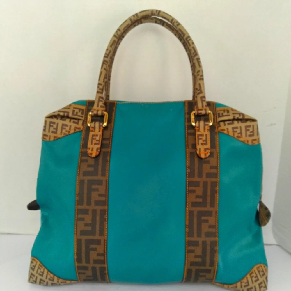 Fendi Zucca‎ Monogram Turquoise Canvas Leather Tote Bag Handbag Gold Hardware